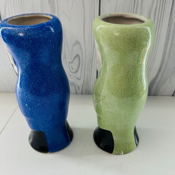 Set of 2 Vintage Parrot Macaw Ceramic Tropical Island Tiki 8" Vase Blue Green - Picture 3 of 8